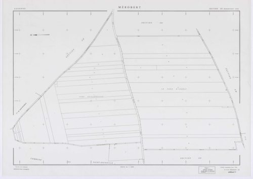 MEROBERT, plans minutes de conservation : tableau d'assemblage, 1938, Ech. 1/10000 ; plans des section C1, 1938, Ech. 1/1250, section P, 1957, Ech. 1/2000, sections ZC, ZD, ZE, ZH, ZI, ZK, ZL, ZM, 1994, Ech. 1/2000. Polyester. N et B. Dim. 105 x 80 cm [11