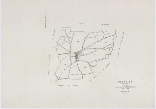MESPUITS, plans minutes de conservation : tableau d'assemblage, 1934, Ech. 1/10000 ; plans des section D, 1934, Ech. 1/1250, sections ZA, ZB, ZC, ZD, ZE, ZF, ZH, ZI, ZK, 1961, Ech. 1/2000. Polyester. N et B. Dim. 105 x 80 cm [11 plans]. 