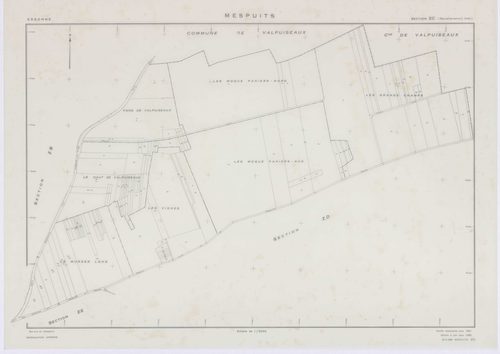 MESPUITS, plans minutes de conservation : tableau d'assemblage, 1934, Ech. 1/10000 ; plans des section D, 1934, Ech. 1/1250, sections ZA, ZB, ZC, ZD, ZE, ZF, ZH, ZI, ZK, 1961, Ech. 1/2000. Polyester. N et B. Dim. 105 x 80 cm [11 plans]. 
