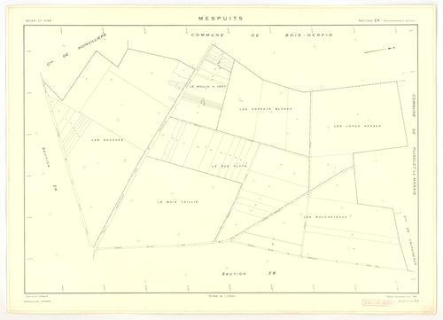 Plans minutes de conservation : MESPUITS : tableau d'assemblage, ech. 1/10000 (1934), sections A1, A2, B, C, ech. 1/2500 (1934) ; section D1, ech. 1/2500 (1934-1940) ; section D, ech. 1/1250 (1934-1978) ; sections ZA, ZB, ZC, ZD, ZE, ZF, ZH, ZI, ZK, ech. 