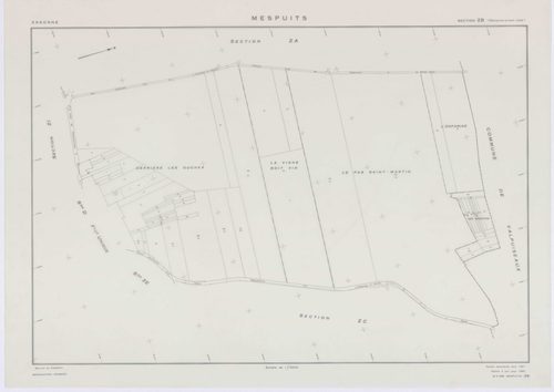 MESPUITS, plans minutes de conservation : tableau d'assemblage, 1934, Ech. 1/10000 ; plans des section D, 1934, Ech. 1/1250, sections ZA, ZB, ZC, ZD, ZE, ZF, ZH, ZI, ZK, 1961, Ech. 1/2000. Polyester. N et B. Dim. 105 x 80 cm [11 plans]. 