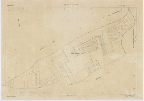 MESPUITS, plans minutes de conservation : tableau d'assemblage, 1934, Ech. 1/10000 ; plans des section D, 1934, Ech. 1/1250, sections ZA, ZB, ZC, ZD, ZE, ZF, ZH, ZI, ZK, 1961, Ech. 1/2000. Polyester. N et B. Dim. 105 x 80 cm [11 plans]. 