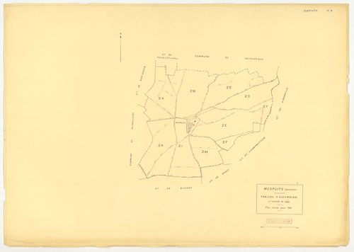 Plans minutes de conservation : MESPUITS : tableau d'assemblage, ech. 1/10000 (1934), sections A1, A2, B, C, ech. 1/2500 (1934) ; section D1, ech. 1/2500 (1934-1940) ; section D, ech. 1/1250 (1934-1978) ; sections ZA, ZB, ZC, ZD, ZE, ZF, ZH, ZI, ZK, ech. 