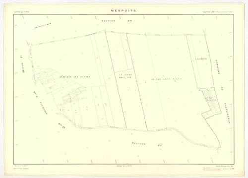 Plans minutes de conservation : MESPUITS : tableau d'assemblage, ech. 1/10000 (1934), sections A1, A2, B, C, ech. 1/2500 (1934) ; section D1, ech. 1/2500 (1934-1940) ; section D, ech. 1/1250 (1934-1978) ; sections ZA, ZB, ZC, ZD, ZE, ZF, ZH, ZI, ZK, ech. 