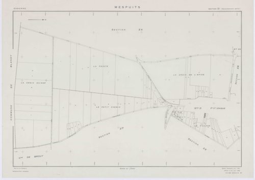 MESPUITS, plans minutes de conservation : tableau d'assemblage, 1934, Ech. 1/10000 ; plans des section D, 1934, Ech. 1/1250, sections ZA, ZB, ZC, ZD, ZE, ZF, ZH, ZI, ZK, 1961, Ech. 1/2000. Polyester. N et B. Dim. 105 x 80 cm [11 plans]. 