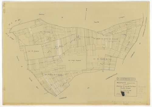 Plans minutes de conservation : MESPUITS : tableau d'assemblage, ech. 1/10000 (1934), sections A1, A2, B, C, ech. 1/2500 (1934) ; section D1, ech. 1/2500 (1934-1940) ; section D, ech. 1/1250 (1934-1978) ; sections ZA, ZB, ZC, ZD, ZE, ZF, ZH, ZI, ZK, ech. 
