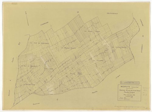 Plans minutes de conservation : MESPUITS : tableau d'assemblage, ech. 1/10000 (1934), sections A1, A2, B, C, ech. 1/2500 (1934) ; section D1, ech. 1/2500 (1934-1940) ; section D, ech. 1/1250 (1934-1978) ; sections ZA, ZB, ZC, ZD, ZE, ZF, ZH, ZI, ZK, ech. 
