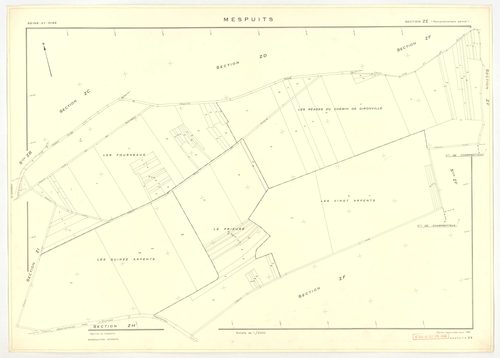 Plans minutes de conservation : MESPUITS : tableau d'assemblage, ech. 1/10000 (1934), sections A1, A2, B, C, ech. 1/2500 (1934) ; section D1, ech. 1/2500 (1934-1940) ; section D, ech. 1/1250 (1934-1978) ; sections ZA, ZB, ZC, ZD, ZE, ZF, ZH, ZI, ZK, ech. 