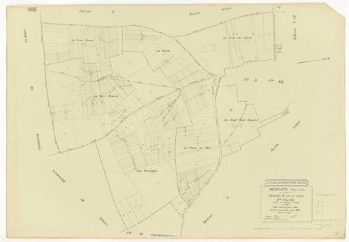 Plans minutes de conservation : MESPUITS : tableau d'assemblage, ech. 1/10000 (1934), sections A1, A2, B, C, ech. 1/2500 (1934) ; section D1, ech. 1/2500 (1934-1940) ; section D, ech. 1/1250 (1934-1978) ; sections ZA, ZB, ZC, ZD, ZE, ZF, ZH, ZI, ZK, ech. 