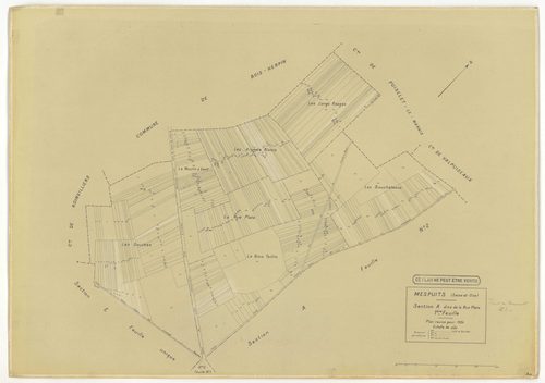 Plans minutes de conservation : MESPUITS : tableau d'assemblage, ech. 1/10000 (1934), sections A1, A2, B, C, ech. 1/2500 (1934) ; section D1, ech. 1/2500 (1934-1940) ; section D, ech. 1/1250 (1934-1978) ; sections ZA, ZB, ZC, ZD, ZE, ZF, ZH, ZI, ZK, ech. 