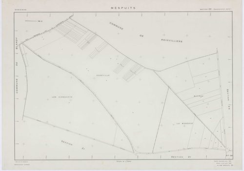 MESPUITS, plans minutes de conservation : tableau d'assemblage, 1934, Ech. 1/10000 ; plans des section D, 1934, Ech. 1/1250, sections ZA, ZB, ZC, ZD, ZE, ZF, ZH, ZI, ZK, 1961, Ech. 1/2000. Polyester. N et B. Dim. 105 x 80 cm [11 plans]. 