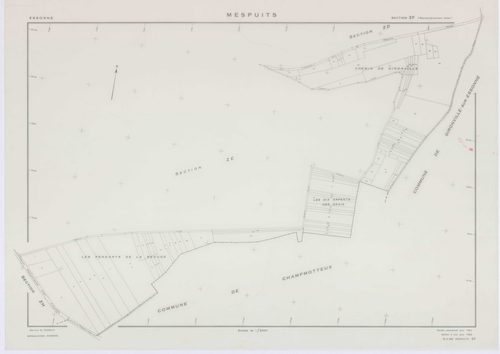 MESPUITS, plans minutes de conservation : tableau d'assemblage, 1934, Ech. 1/10000 ; plans des section D, 1934, Ech. 1/1250, sections ZA, ZB, ZC, ZD, ZE, ZF, ZH, ZI, ZK, 1961, Ech. 1/2000. Polyester. N et B. Dim. 105 x 80 cm [11 plans]. 