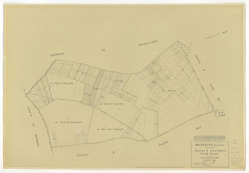 Plans minutes de conservation : MESPUITS : tableau d'assemblage, ech. 1/10000 (1934), sections A1, A2, B, C, ech. 1/2500 (1934) ; section D1, ech. 1/2500 (1934-1940) ; section D, ech. 1/1250 (1934-1978) ; sections ZA, ZB, ZC, ZD, ZE, ZF, ZH, ZI, ZK, ech. 