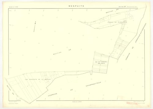 Plans minutes de conservation : MESPUITS : tableau d'assemblage, ech. 1/10000 (1934), sections A1, A2, B, C, ech. 1/2500 (1934) ; section D1, ech. 1/2500 (1934-1940) ; section D, ech. 1/1250 (1934-1978) ; sections ZA, ZB, ZC, ZD, ZE, ZF, ZH, ZI, ZK, ech. 