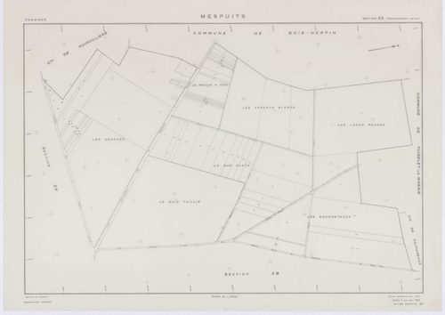 MESPUITS, plans minutes de conservation : tableau d'assemblage, 1934, Ech. 1/10000 ; plans des section D, 1934, Ech. 1/1250, sections ZA, ZB, ZC, ZD, ZE, ZF, ZH, ZI, ZK, 1961, Ech. 1/2000. Polyester. N et B. Dim. 105 x 80 cm [11 plans]. 