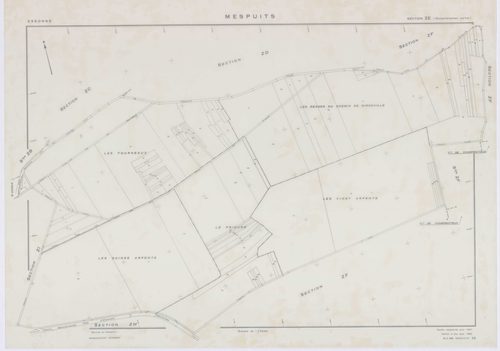 MESPUITS, plans minutes de conservation : tableau d'assemblage, 1934, Ech. 1/10000 ; plans des section D, 1934, Ech. 1/1250, sections ZA, ZB, ZC, ZD, ZE, ZF, ZH, ZI, ZK, 1961, Ech. 1/2000. Polyester. N et B. Dim. 105 x 80 cm [11 plans]. 