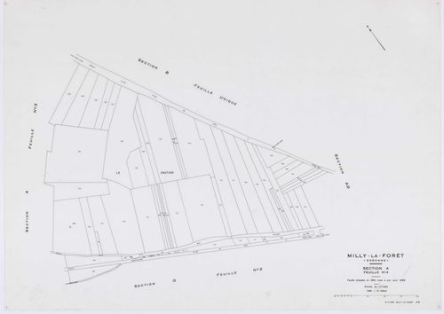 MILLY-LA-FORET, plans minutes de conservation : tableau d'assemblage, 1969, Ech. 1/5000 ; plans des sections A1, A2, A3, A4, B, D1, D2, E1, E2, E3, H1, H2, H3, I, L1, L2, O2, P1, P2, P3, 1969, Ech. 1/1250, sections F1, F2, F3, G1, G2, M1, M2, M3, M4, N, O