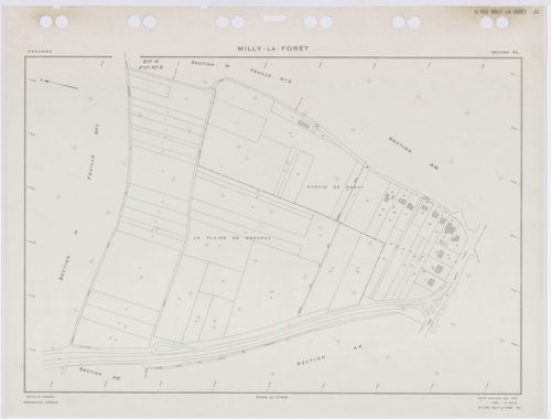 MILLY-LA-FORET, plans minutes de conservation : tableau d'assemblage, 1969, Ech. 1/5000 ; plans des sections A1, A2, A3, A4, B, D1, D2, E1, E2, E3, H1, H2, H3, I, L1, L2, O2, P1, P2, P3, 1969, Ech. 1/1250, sections F1, F2, F3, G1, G2, M1, M2, M3, M4, N, O