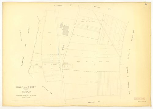 Plans minutes de conservation : MILLY-LA-FORET : sections Y, Z, ech. 1/2000 (1953) ; sections Y, Z, ech. 1/2000 (1953-1969) ; tableau d'assemblage, ech. 1/15000 (1969), sections A1, A2, A3, A4, B, D1, D2, E1, E2, E3, ech. 1/1250 (1969) ; G1, G2, H1, H2, H