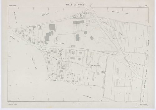 MILLY-LA-FORET, plans minutes de conservation : tableau d'assemblage, 1969, Ech. 1/5000 ; plans des sections A1, A2, A3, A4, B, D1, D2, E1, E2, E3, H1, H2, H3, I, L1, L2, O2, P1, P2, P3, 1969, Ech. 1/1250, sections F1, F2, F3, G1, G2, M1, M2, M3, M4, N, O