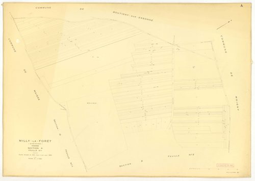Plans minutes de conservation : MILLY-LA-FORET : sections Y, Z, ech. 1/2000 (1953) ; sections Y, Z, ech. 1/2000 (1953-1969) ; tableau d'assemblage, ech. 1/15000 (1969), sections A1, A2, A3, A4, B, D1, D2, E1, E2, E3, ech. 1/1250 (1969) ; G1, G2, H1, H2, H