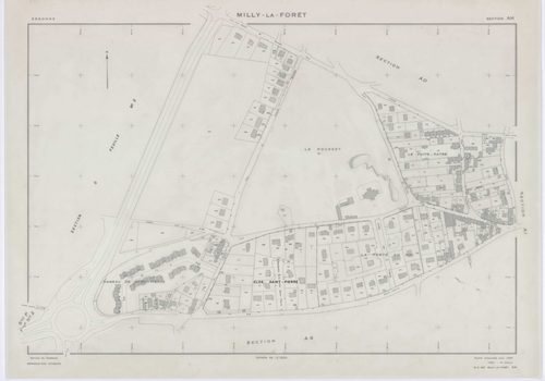 MILLY-LA-FORET, plans minutes de conservation : tableau d'assemblage, 1969, Ech. 1/5000 ; plans des sections A1, A2, A3, A4, B, D1, D2, E1, E2, E3, H1, H2, H3, I, L1, L2, O2, P1, P2, P3, 1969, Ech. 1/1250, sections F1, F2, F3, G1, G2, M1, M2, M3, M4, N, O