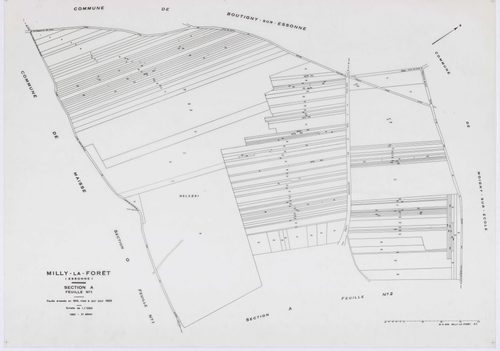 MILLY-LA-FORET, plans minutes de conservation : tableau d'assemblage, 1969, Ech. 1/5000 ; plans des sections A1, A2, A3, A4, B, D1, D2, E1, E2, E3, H1, H2, H3, I, L1, L2, O2, P1, P2, P3, 1969, Ech. 1/1250, sections F1, F2, F3, G1, G2, M1, M2, M3, M4, N, O