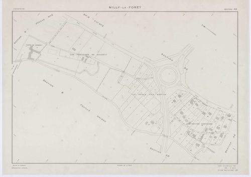 MILLY-LA-FORET, plans minutes de conservation : tableau d'assemblage, 1969, Ech. 1/5000 ; plans des sections A1, A2, A3, A4, B, D1, D2, E1, E2, E3, H1, H2, H3, I, L1, L2, O2, P1, P2, P3, 1969, Ech. 1/1250, sections F1, F2, F3, G1, G2, M1, M2, M3, M4, N, O