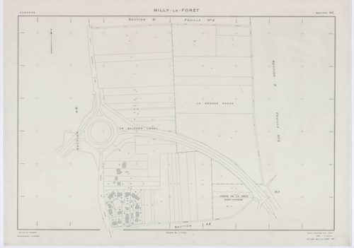 MILLY-LA-FORET, plans minutes de conservation : tableau d'assemblage, 1969, Ech. 1/5000 ; plans des sections A1, A2, A3, A4, B, D1, D2, E1, E2, E3, H1, H2, H3, I, L1, L2, O2, P1, P2, P3, 1969, Ech. 1/1250, sections F1, F2, F3, G1, G2, M1, M2, M3, M4, N, O