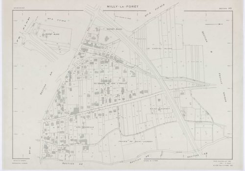 MILLY-LA-FORET, plans minutes de conservation : tableau d'assemblage, 1969, Ech. 1/5000 ; plans des sections A1, A2, A3, A4, B, D1, D2, E1, E2, E3, H1, H2, H3, I, L1, L2, O2, P1, P2, P3, 1969, Ech. 1/1250, sections F1, F2, F3, G1, G2, M1, M2, M3, M4, N, O