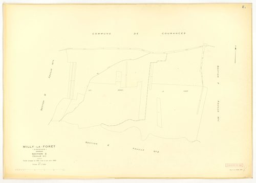 Plans minutes de conservation : MILLY-LA-FORET : sections Y, Z, ech. 1/2000 (1953) ; sections Y, Z, ech. 1/2000 (1953-1969) ; tableau d'assemblage, ech. 1/15000 (1969), sections A1, A2, A3, A4, B, D1, D2, E1, E2, E3, ech. 1/1250 (1969) ; G1, G2, H1, H2, H