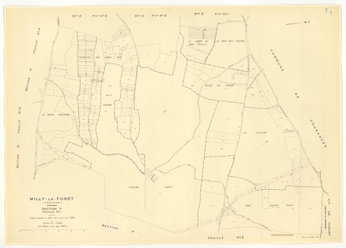Plans minutes de conservation : MILLY-LA-FORET : sections Y, Z, ech. 1/2000 (1953) ; sections Y, Z, ech. 1/2000 (1953-1969) ; tableau d'assemblage, ech. 1/15000 (1969), sections A1, A2, A3, A4, B, D1, D2, E1, E2, E3, ech. 1/1250 (1969) ; G1, G2, H1, H2, H