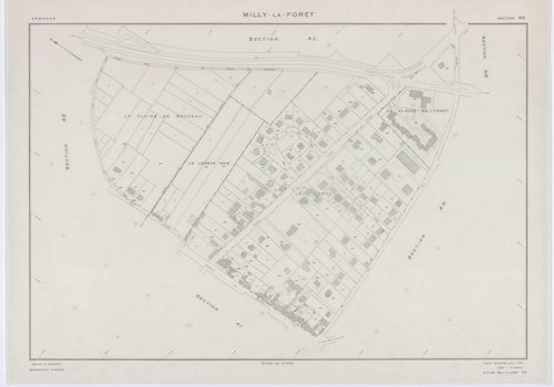 MILLY-LA-FORET, plans minutes de conservation : tableau d'assemblage, 1969, Ech. 1/5000 ; plans des sections A1, A2, A3, A4, B, D1, D2, E1, E2, E3, H1, H2, H3, I, L1, L2, O2, P1, P2, P3, 1969, Ech. 1/1250, sections F1, F2, F3, G1, G2, M1, M2, M3, M4, N, O