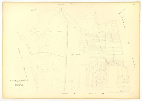 Plans minutes de conservation : MILLY-LA-FORET : sections Y, Z, ech. 1/2000 (1953) ; sections Y, Z, ech. 1/2000 (1953-1969) ; tableau d'assemblage, ech. 1/15000 (1969), sections A1, A2, A3, A4, B, D1, D2, E1, E2, E3, ech. 1/1250 (1969) ; G1, G2, H1, H2, H