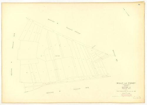 Plans minutes de conservation : MILLY-LA-FORET : sections Y, Z, ech. 1/2000 (1953) ; sections Y, Z, ech. 1/2000 (1953-1969) ; tableau d'assemblage, ech. 1/15000 (1969), sections A1, A2, A3, A4, B, D1, D2, E1, E2, E3, ech. 1/1250 (1969) ; G1, G2, H1, H2, H