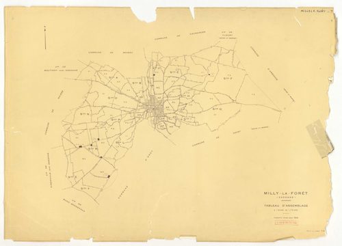 Plans minutes de conservation : MILLY-LA-FORET : sections Y, Z, ech. 1/2000 (1953) ; sections Y, Z, ech. 1/2000 (1953-1969) ; tableau d'assemblage, ech. 1/15000 (1969), sections A1, A2, A3, A4, B, D1, D2, E1, E2, E3, ech. 1/1250 (1969) ; G1, G2, H1, H2, H