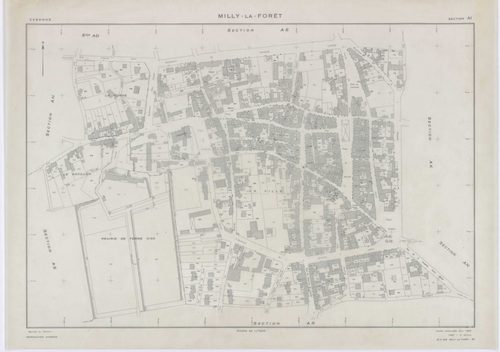 MILLY-LA-FORET, plans minutes de conservation : tableau d'assemblage, 1969, Ech. 1/5000 ; plans des sections A1, A2, A3, A4, B, D1, D2, E1, E2, E3, H1, H2, H3, I, L1, L2, O2, P1, P2, P3, 1969, Ech. 1/1250, sections F1, F2, F3, G1, G2, M1, M2, M3, M4, N, O