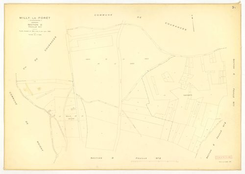 Plans minutes de conservation : MILLY-LA-FORET : sections Y, Z, ech. 1/2000 (1953) ; sections Y, Z, ech. 1/2000 (1953-1969) ; tableau d'assemblage, ech. 1/15000 (1969), sections A1, A2, A3, A4, B, D1, D2, E1, E2, E3, ech. 1/1250 (1969) ; G1, G2, H1, H2, H