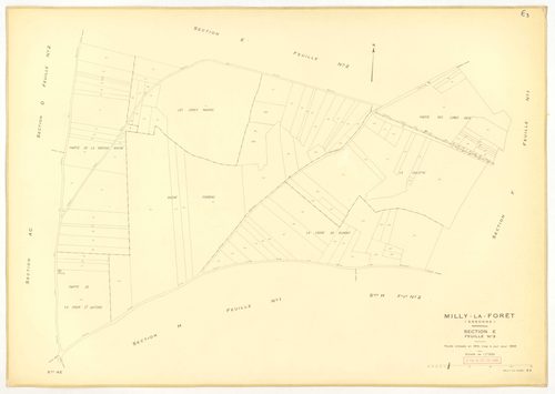 Plans minutes de conservation : MILLY-LA-FORET : sections Y, Z, ech. 1/2000 (1953) ; sections Y, Z, ech. 1/2000 (1953-1969) ; tableau d'assemblage, ech. 1/15000 (1969), sections A1, A2, A3, A4, B, D1, D2, E1, E2, E3, ech. 1/1250 (1969) ; G1, G2, H1, H2, H