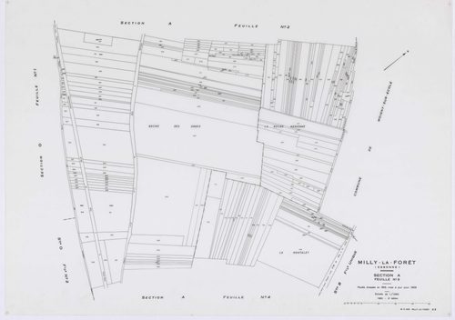 MILLY-LA-FORET, plans minutes de conservation : tableau d'assemblage, 1969, Ech. 1/5000 ; plans des sections A1, A2, A3, A4, B, D1, D2, E1, E2, E3, H1, H2, H3, I, L1, L2, O2, P1, P2, P3, 1969, Ech. 1/1250, sections F1, F2, F3, G1, G2, M1, M2, M3, M4, N, O