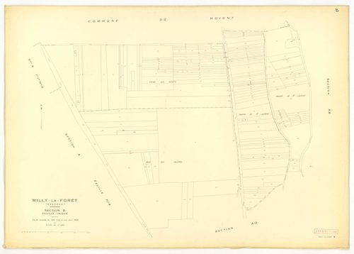 Plans minutes de conservation : MILLY-LA-FORET : sections Y, Z, ech. 1/2000 (1953) ; sections Y, Z, ech. 1/2000 (1953-1969) ; tableau d'assemblage, ech. 1/15000 (1969), sections A1, A2, A3, A4, B, D1, D2, E1, E2, E3, ech. 1/1250 (1969) ; G1, G2, H1, H2, H