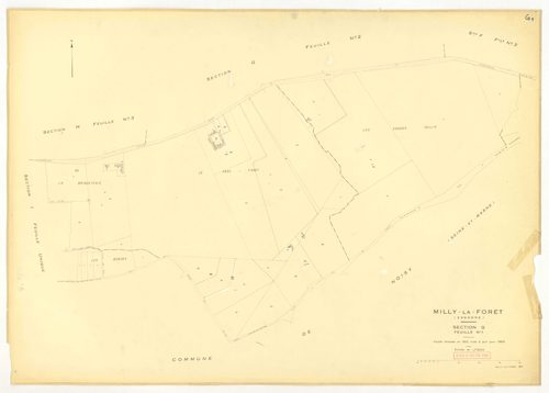 Plans minutes de conservation : MILLY-LA-FORET : sections Y, Z, ech. 1/2000 (1953) ; sections Y, Z, ech. 1/2000 (1953-1969) ; tableau d'assemblage, ech. 1/15000 (1969), sections A1, A2, A3, A4, B, D1, D2, E1, E2, E3, ech. 1/1250 (1969) ; G1, G2, H1, H2, H