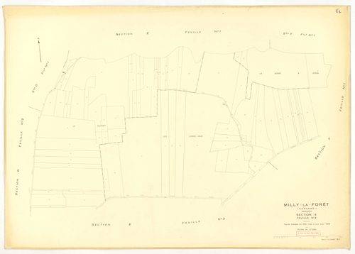 Plans minutes de conservation : MILLY-LA-FORET : sections Y, Z, ech. 1/2000 (1953) ; sections Y, Z, ech. 1/2000 (1953-1969) ; tableau d'assemblage, ech. 1/15000 (1969), sections A1, A2, A3, A4, B, D1, D2, E1, E2, E3, ech. 1/1250 (1969) ; G1, G2, H1, H2, H