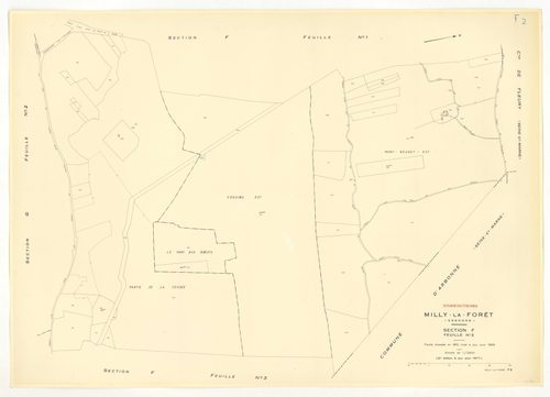 Plans minutes de conservation : MILLY-LA-FORET : sections Y, Z, ech. 1/2000 (1953) ; sections Y, Z, ech. 1/2000 (1953-1969) ; tableau d'assemblage, ech. 1/15000 (1969), sections A1, A2, A3, A4, B, D1, D2, E1, E2, E3, ech. 1/1250 (1969) ; G1, G2, H1, H2, H