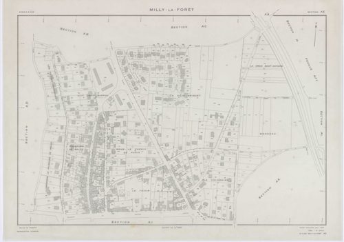 MILLY-LA-FORET, plans minutes de conservation : tableau d'assemblage, 1969, Ech. 1/5000 ; plans des sections A1, A2, A3, A4, B, D1, D2, E1, E2, E3, H1, H2, H3, I, L1, L2, O2, P1, P2, P3, 1969, Ech. 1/1250, sections F1, F2, F3, G1, G2, M1, M2, M3, M4, N, O