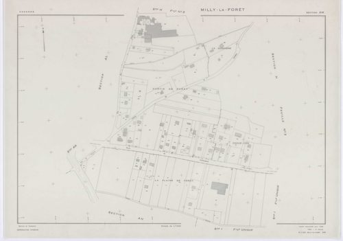 MILLY-LA-FORET, plans minutes de conservation : tableau d'assemblage, 1969, Ech. 1/5000 ; plans des sections A1, A2, A3, A4, B, D1, D2, E1, E2, E3, H1, H2, H3, I, L1, L2, O2, P1, P2, P3, 1969, Ech. 1/1250, sections F1, F2, F3, G1, G2, M1, M2, M3, M4, N, O