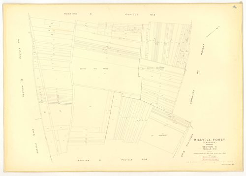 Plans minutes de conservation : MILLY-LA-FORET : sections Y, Z, ech. 1/2000 (1953) ; sections Y, Z, ech. 1/2000 (1953-1969) ; tableau d'assemblage, ech. 1/15000 (1969), sections A1, A2, A3, A4, B, D1, D2, E1, E2, E3, ech. 1/1250 (1969) ; G1, G2, H1, H2, H