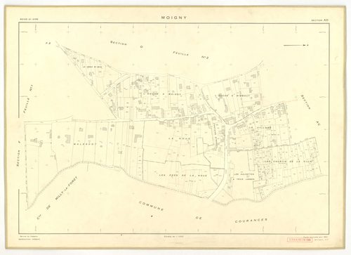 Plans minutes de conservation : MOIGNY-SUR-ECOLE : sections B1, F1, I, L1, O1, O2, P, Q1, Q2, ech. 1/1250 (1957), sections AB, AC, AD, ech. 1/1000 (1957), sections ZB, ZC, ech. 1/2000 (1957) ; tableau d'assemblage n°1, ech. 1/10000 (1957-1968), sections B