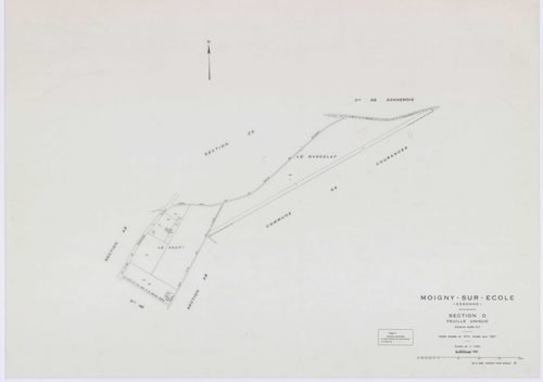 MOIGNY-SUR-ECOLE, plans minutes de conservation : tableau d'assemblage, 1957, Ech. 1/10000 ; plans des sections B1, B2, C, D, F1, F2, G1, I, L1, L2, N, O1, O2, P, Q1, Q2, 1957, Ech. 1/1250, sections AB, AC, AD, 1957, Ech. 1/1000, sections ZA, ZB, ZC, 1957