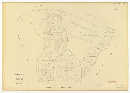 Plans minutes de conservation : MOIGNY-SUR-ECOLE : sections B1, F1, I, L1, O1, O2, P, Q1, Q2, ech. 1/1250 (1957), sections AB, AC, AD, ech. 1/1000 (1957), sections ZB, ZC, ech. 1/2000 (1957) ; tableau d'assemblage n°1, ech. 1/10000 (1957-1968), sections B